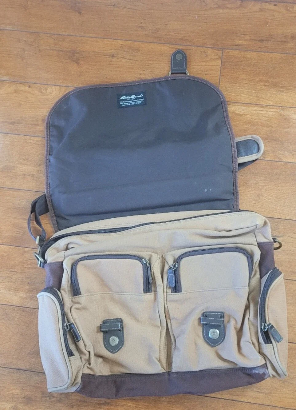 Eddie Bauer Tan and Dark Brown Canvas Messenger Bag with Black Trim
